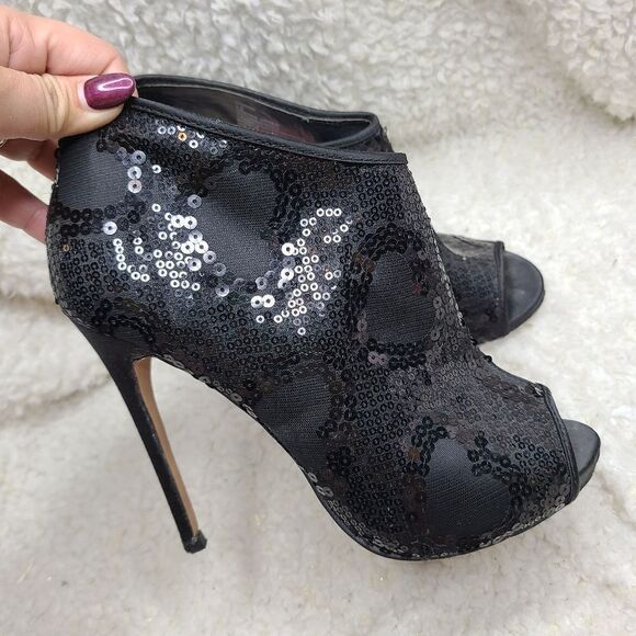 Betsey Johnson Marah Black Sequin Peep-toe Heeled Ankle Booties - Picture 2 of 10